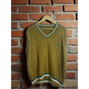 Mustard Diamond-Knit Sweater Vest – Retro V-Neck with Striped Trim – Size L